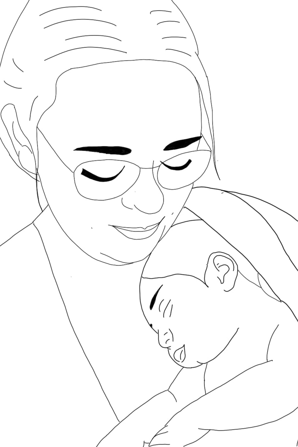 Line drawing of a mom holding her child